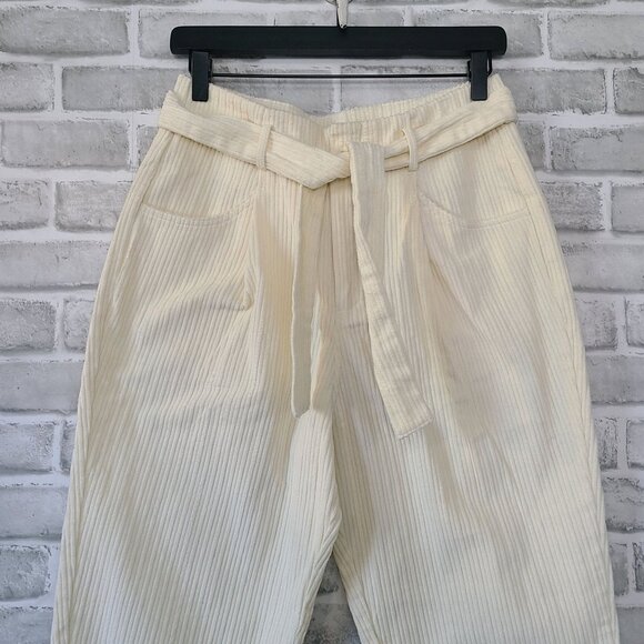 Blu Pepper Tie High Waist Ankle Crop Corduroy Pants Ivory NEW Med Casual Preppy - Picture 2 of 8